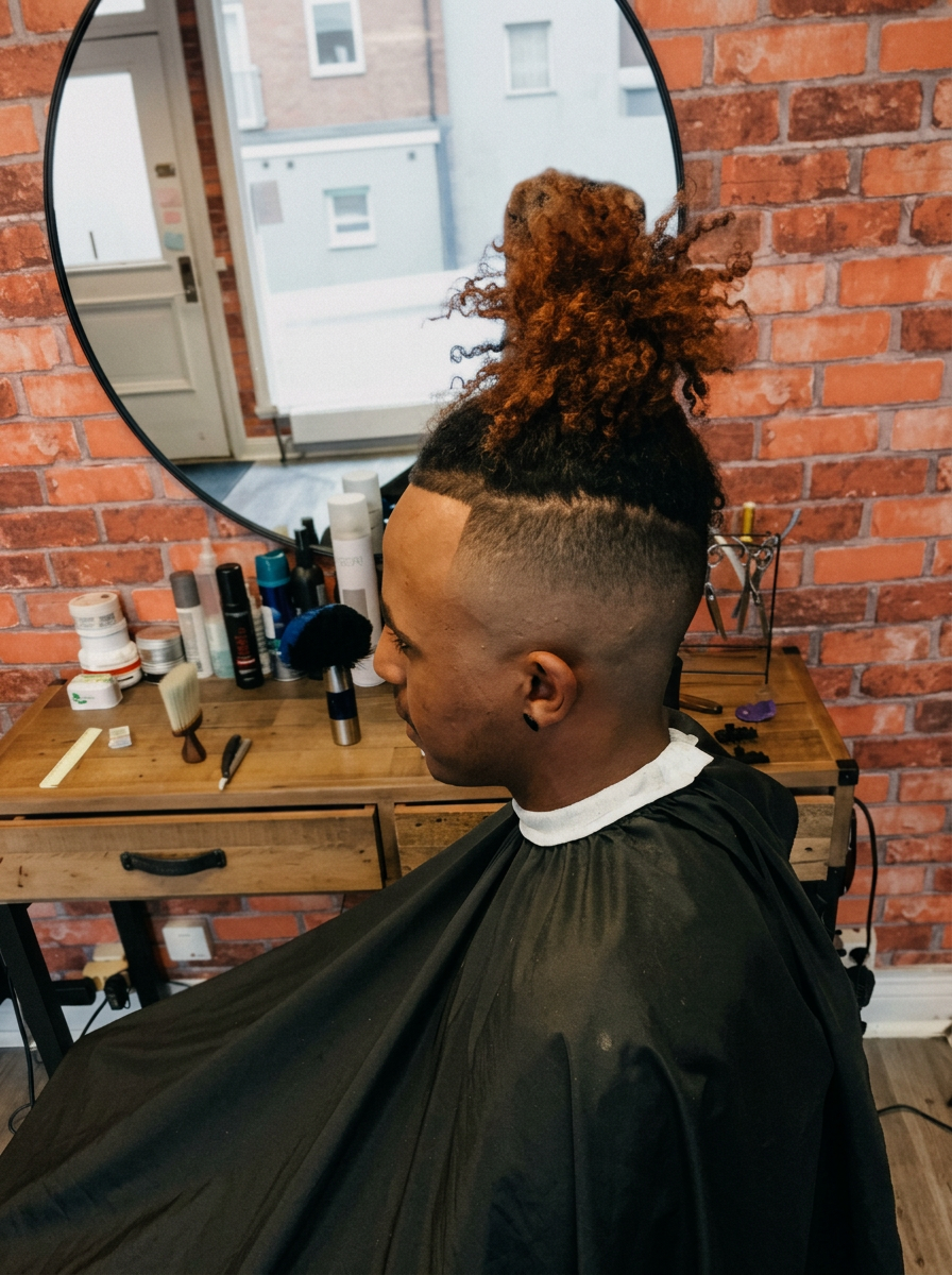Hög skin fade med lockigt hår utförd hos Stads Barbershop